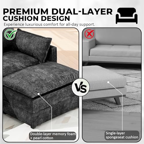 Image of LEVELEVE 112.5 inch L-Shape Modular Sofa with 1 Ottomans, Deep Seat Cloud Convertible Sleeper, 3 Throw 2 Arm Pillows, Comfortable Upholstered Furniture for Living Room Apartment, Black
