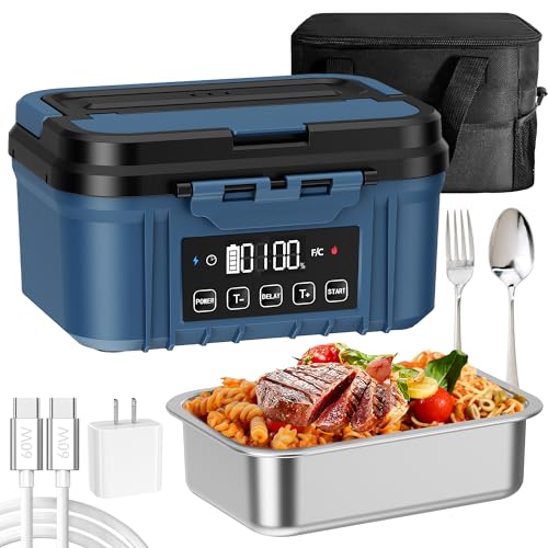 FERVINOW Lonchera eléctrica inalámbrica para adultos, lonchera térmica a pilas con recipiente de acero inoxidable de 1.2 L, función de temporizador y calentador de alimentos a prueba de fugas para el
