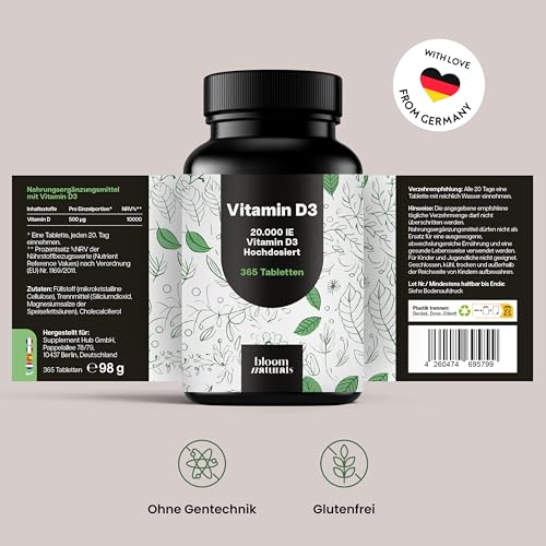 Vitamin D3 20000 IE hochdosiert - 365 Tabletten - Produziert in Deutschland - Laborgeprüft - Verpackung kann variieren