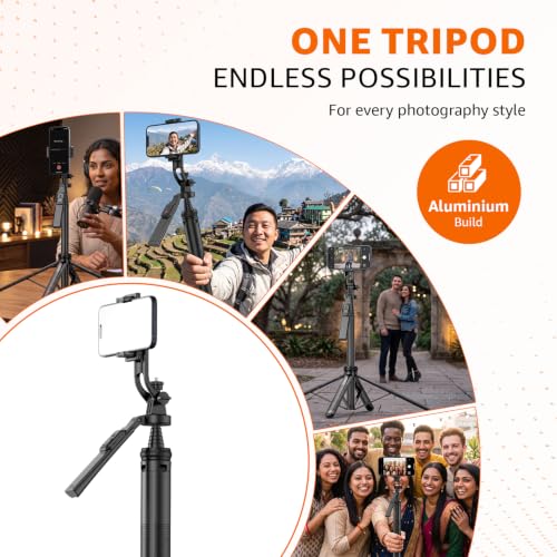 Image of Amazon Basics 71 inch Extendable Selfie Stick Tripod with Quad Stand, 360 Rotatable Handle, Detachable Bluetooth Remote, Phone Tripod for Vlogging, YouTube & Travel, Compatible with All Smartphones