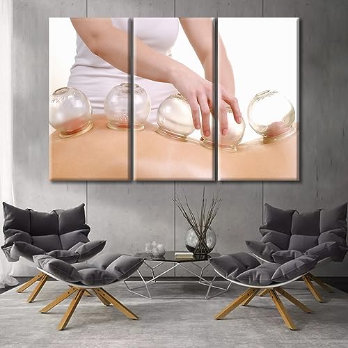 Image of Cupping Massage Wall Art Traditional Chinese Cupping Therapy Posters Wall Art for Living Nosocomium 3 Panels Art Prints Giclee Wooden Framed Gallery-Wrapped Ready to Hang (60 inch Wx40 H)