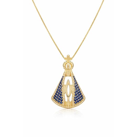 Colar Nossa Senhora Aparecida Manto Azul Pequena Semi Joia Banhado Ouro 18k - Pingente Religioso - Corrente 45cm - Antialérgico - Stella Semi Joias