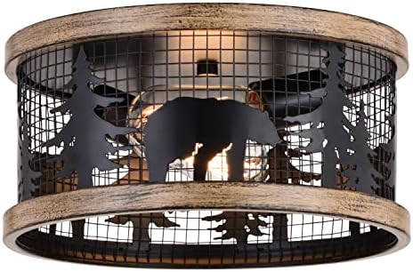 VAXCEL Kodiak 12 Inch Rustic Flush Mount Ceiling Light, Bear and Tree Motif, Dimmable Indoor Outdoor Lighting, Black and Burnished Teak Finish