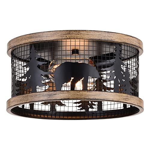 Vaxcel Kodiak 12-In W Black Rustic Round Cage Flush Mount Ceiling Light Fixture Bear And Tree Motif #TOP16