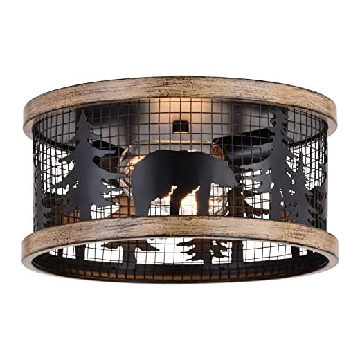 VAXCEL Kodiak 12-in W Black Rustic Round Cage Flush Mount Ceiling Light Fixture Bear and Tree Motif