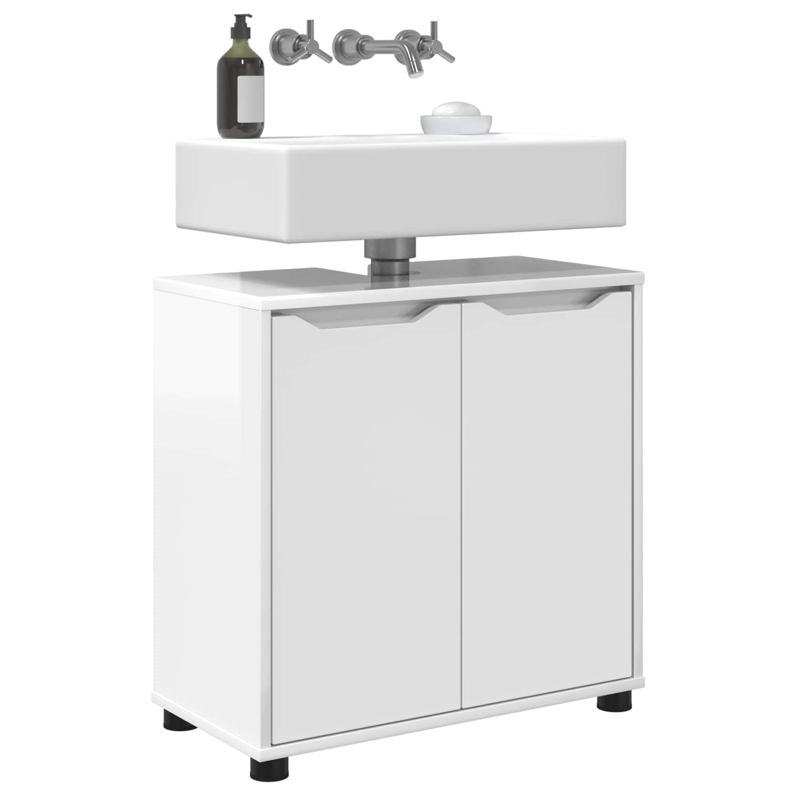 Meuble de lavabo de salle de bain blanc brillant avec 2 portes 60 x 30 x 60 cm - En bois - Espace de rangement et étagère réglable pour meubles de salle de bain - Rangement et espace de lavage
