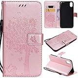 NOMO iPhone XR Case,iPhone XR Wallet Case,iPhone XR Flip Case PU Leather Emboss Tree Cat Flowers Folio Magnetic Kickstand Cover with Card Slots for Apple iPhone XR (6.1 inch) 2018 Release, Rose Gold