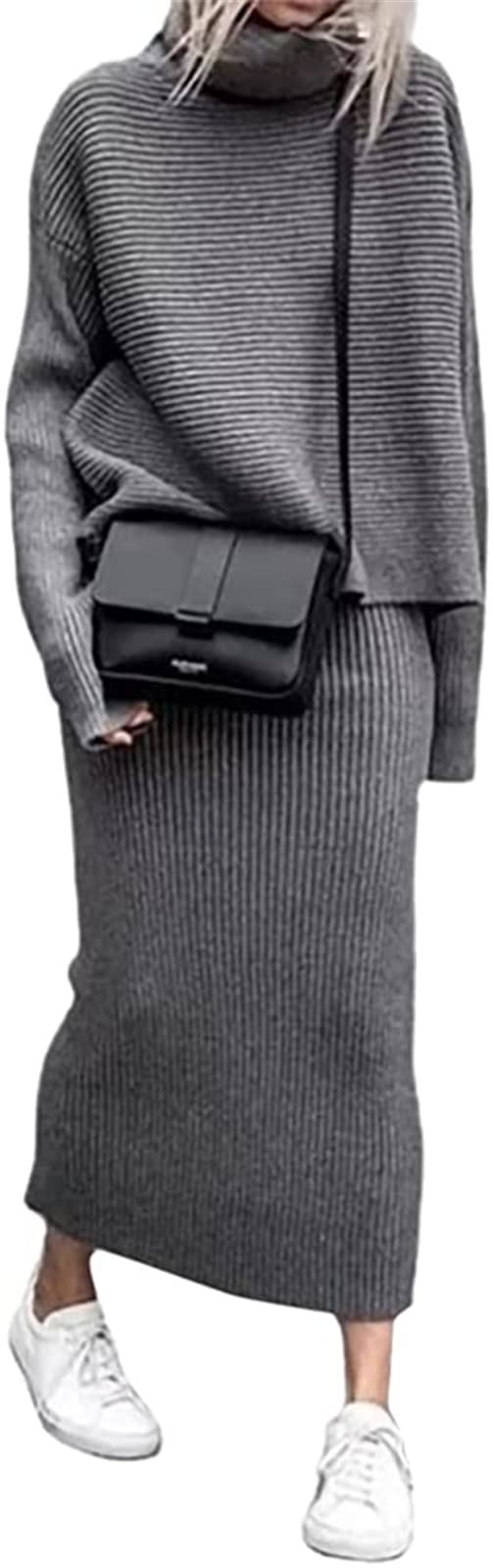 ZIBLER Set di gonne lavorate a maglia invernali da donna in 2 pezzi - Maglione dolcevita a costine spesse con gonna lunga a tubino (Grigio,XXL