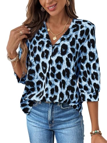 GORGLITTER Leo Bluse Damen Langarm Oberteil Mit Leopardenmuster Bluse Bluse Mit 3/4 Arm Langarmshirt Herbst Winter Blusen Blau S