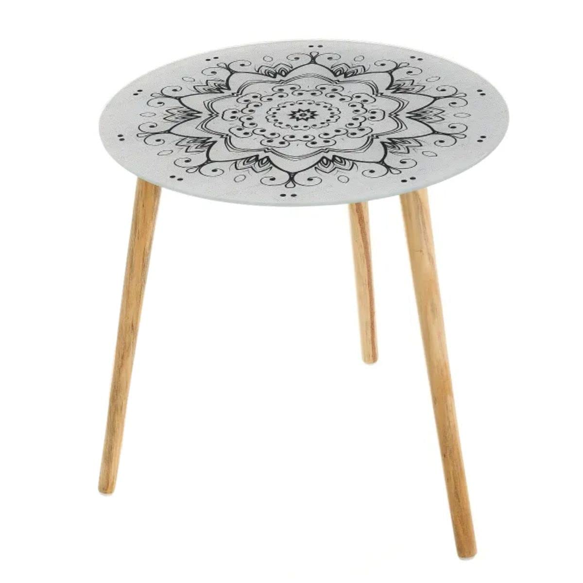 Table d'appoint en verre motif mandala blanc UNIMASA pour bout de canapé