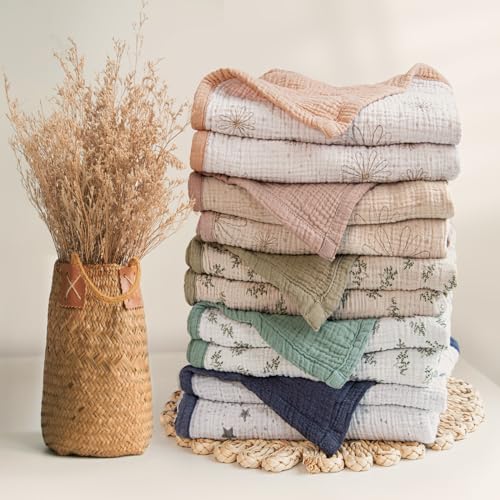 Image of lulumoon Muslin Baby Blanket for Unisex - Soft Cotton Receiving Blanket for Infant - 4 Layer Reversible Breathable Crib Bedding for Stroller and Nursery Decor 47 inchx47 inch (Olive Tree)