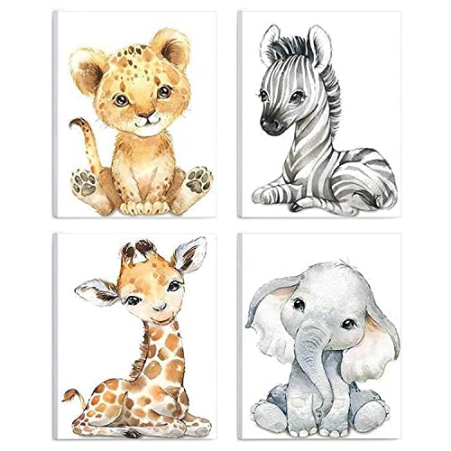 Image of Woodland Animals Wall Art Framed Canvas Prints Watercolor Zebra Fawn Tiger Elephant Baby Cartoon Artwork Decor for Living Room Bedroom Nursery(Set of 4, 8 x 10 inch)