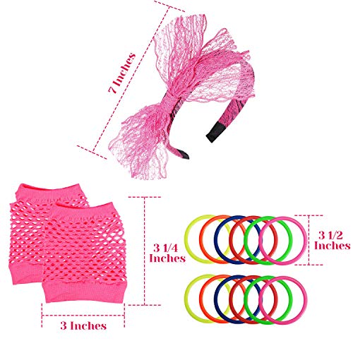 PAXCOO Women's 80s Outfit Costume Accessories Set Neon Headband Earrings Fishnet Gloves Leg Warmers Necklace Bracelet