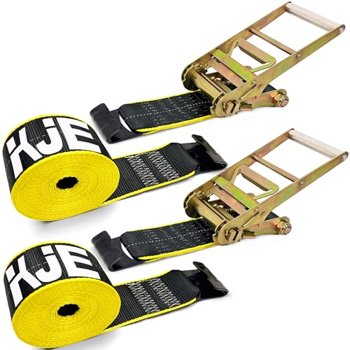 KJE Reflective 4Inch Ratchet Straps Heavy Duty with Flat Hook(2 Pack) 4 x 30 Ratchet Tie Down Strap 16 500 Lbs Max Break Strength Cargo Straps for Truck Flatbed Trailer