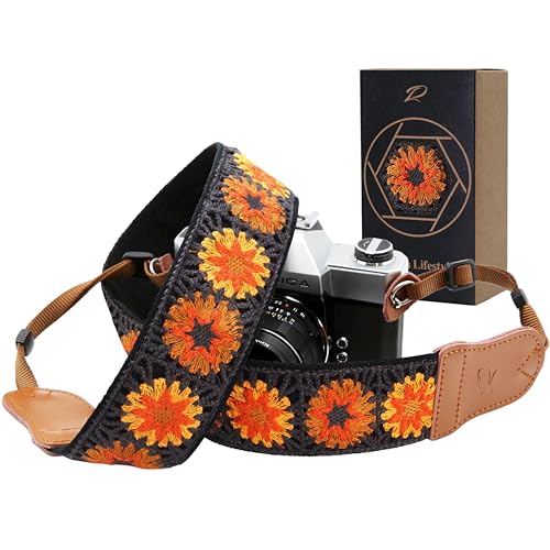 Padwa Lifestyle Hollow Crochet Orange Daisy Camera Strap, 2" Wide Cowhide Head