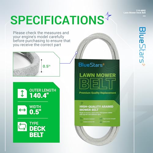 Image of BlueStars 110-6892 Lawn Mower Deck Belt V-Belt | Aramid Cord | 1 /2 x 140.4 | Deck Belt V-Belt for 50 inch Deck Toro Time Cutter Z5000 Z5020 Z5030 Z5035 Z5040 ZZ5060 Mowers Ariens 07200107