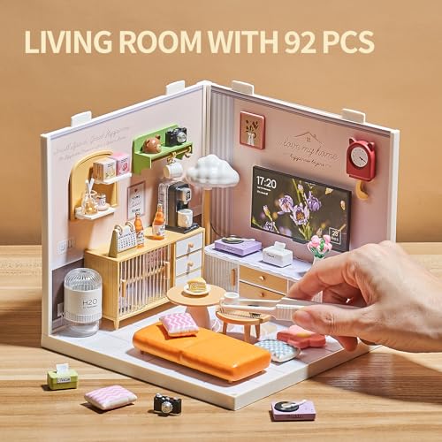 Miniature Living Room DIY Play Kit – 92Pcs 1:20 Scale Dollhouse Furniture Toy with LED Light, Modular Scene Connector & Realistic Details Tiny House for Kids 8+ and Collectors