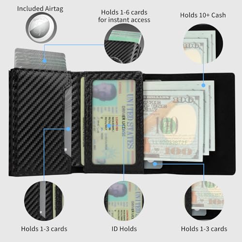 Mens Wallet Card Holder + wallet tracker,Large Capacity Genuine Leather Bifold Wallet,Credit Card Holder, Pop Up,Carbon Fiber,Item Tracker for Wallet, Luggage Tags, Phone, Passports and More2