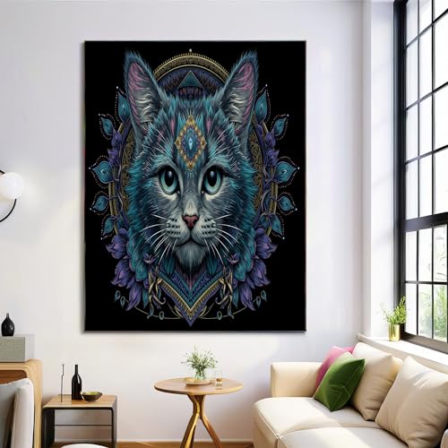 Toile de Mandala Chat grand format 80x120cm decoration murale de salon sans cadre