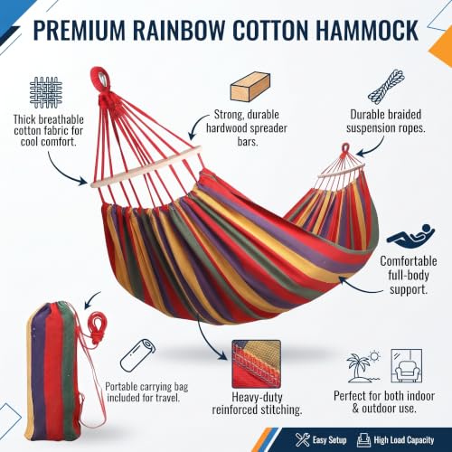 Image of Baskety Double Person Cotton Canvas Hammock with Spreader Bars, Ultralight Travel & Camping Swing Bed for Balcony, Garden, Outdoor & Beach - Max Load 200KG, Red (280 x 100 cm)