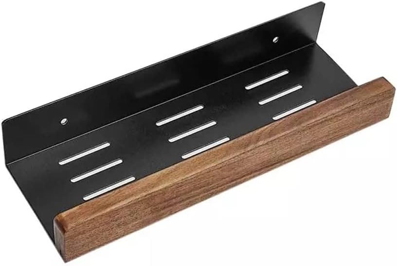 Bathroom Wall Mounted Solid Wood Shelf Black Walnut Aluminum Single Layer Front Cosmetic Storage Rack