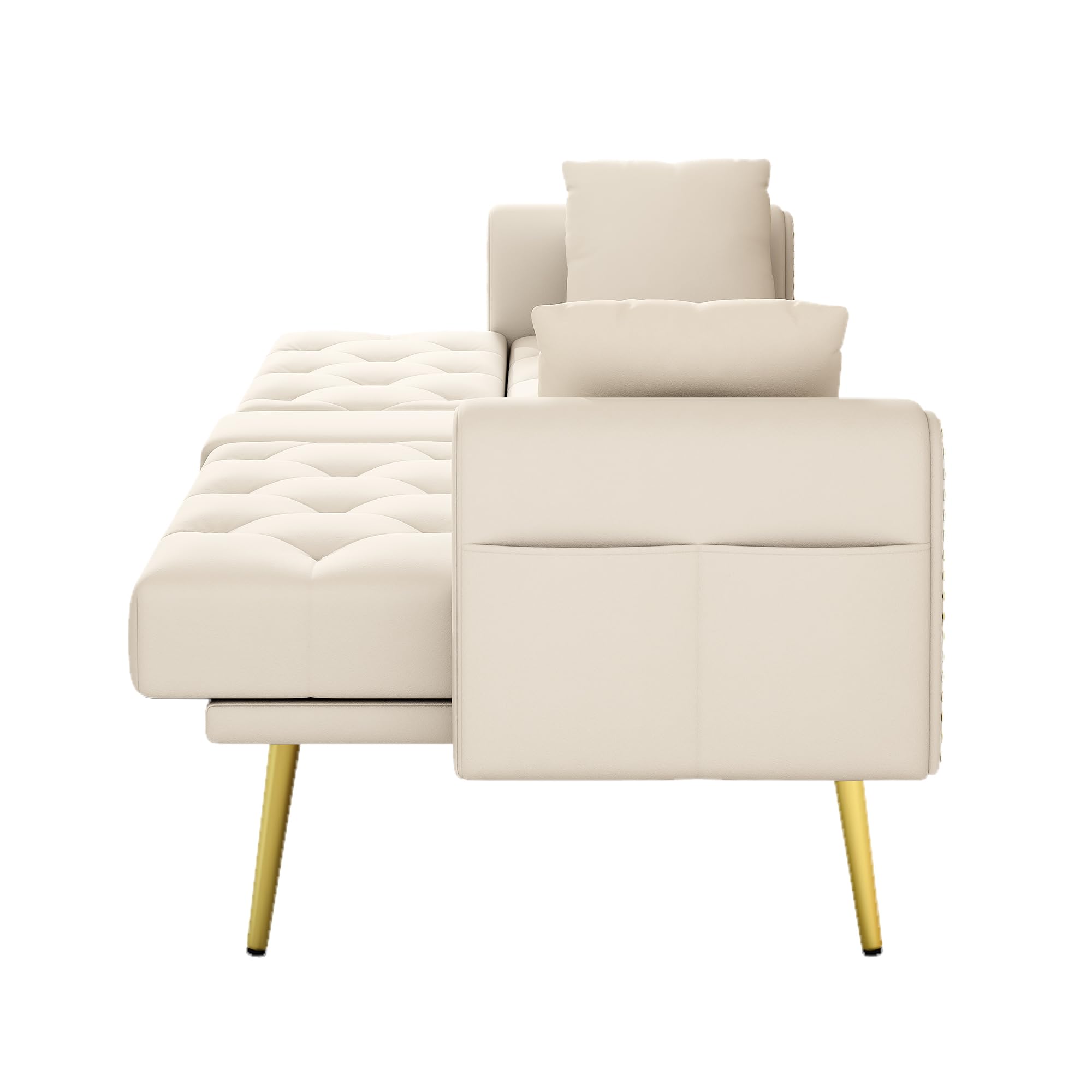 Divano letto doppio pieghevole, beige, 80 x 180 cm, con funzione sdraio, tre angoli di inclinazione regolabili e portabevande, adatto per soggiorno, camera da letto, camera degli ospiti