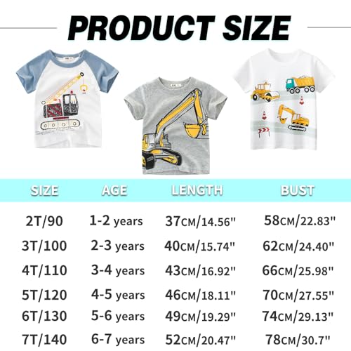 Tshirt Kinder Jungen Kurzarm Cartoon Bagger T-Shirt 3er-Pack Kleinkind Jungs Baumwolle Atmungsaktiv Sommer Oberteile 5 Jahre Grau+Weiß+Blau 5T/120