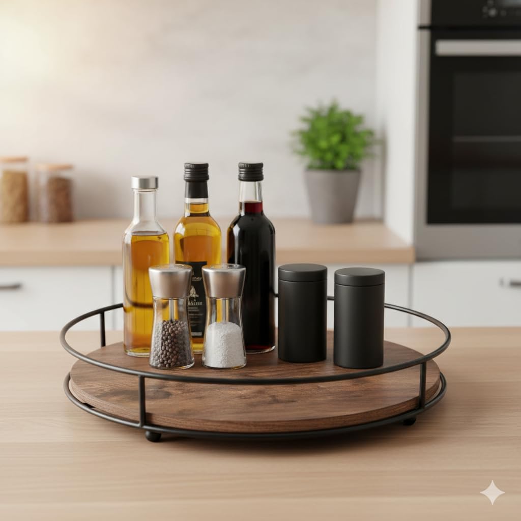 - Solid Hard Wood Lazy Susan in Teak Finish Kitchen Turntable for Dining Tables and Cabinet Storage 12 Inch