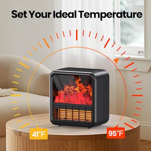 Image of Riseon Small Fireplace heater for Indoor use with Realistic 3D Flame, Space Heater with Thermostat, 1500W /750W PTC Ceramic Heating, Tip-Over Safety Switch, Black
