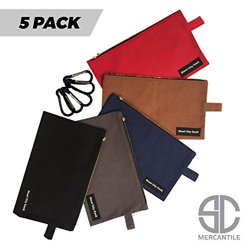 5 Pack - Heavy Duty 16 oz. Canvas Tool Bags with Dependable Metal Zippers, Multi-Purpose, Durable, Storage & Organize,12.5” x 7” Pouch, Easily Sorts Supplies