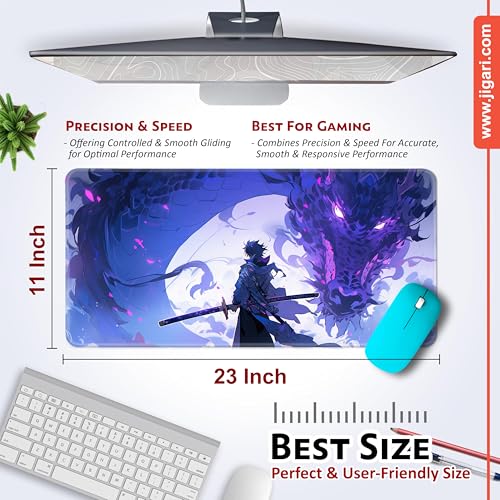 Image of Anime Theme Printed XL Extended Stich Edge Mousead | Smooth Surface Gaming Mousepad with Anti-Slip Rubber Base | 3mm Thick - 11 x 23 Inch (Dragon Warrier (P109))