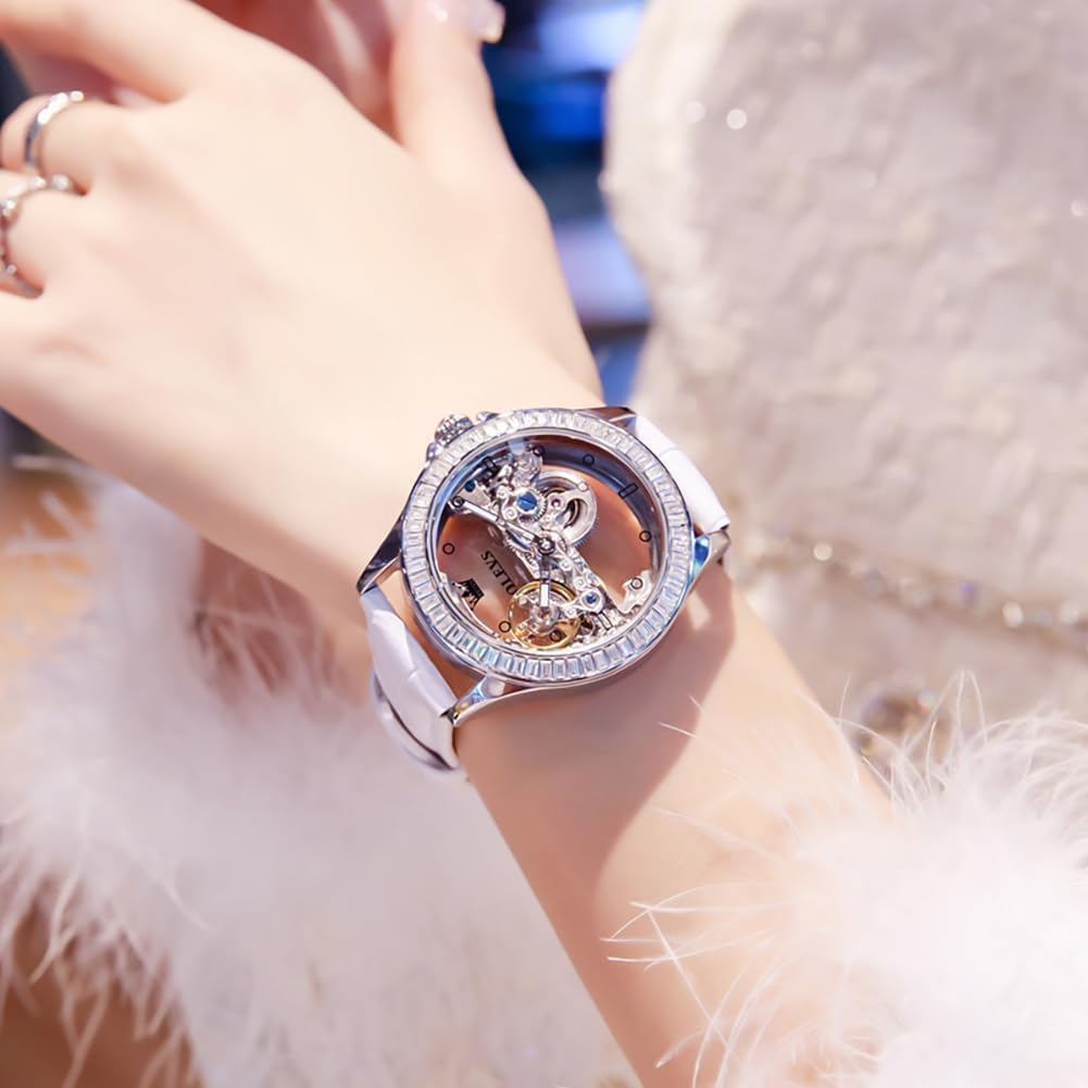 OLEVS Women Watch Skeleton Set Automatic Mechanical Silver Luxury Dress Waterproof Luminous Lady Watch Gift Set - Image 3