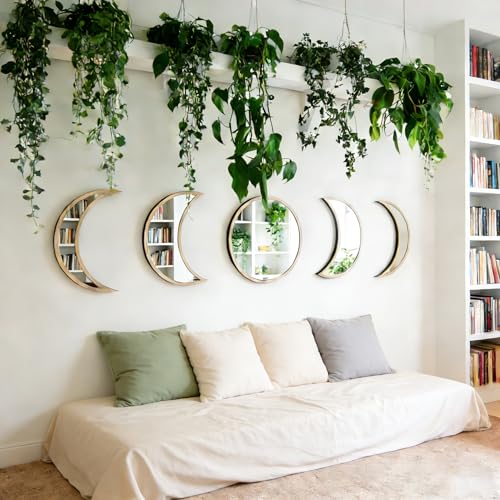 Vyszczxzx 5-Piece Set of Moon Phase Mirror Decorations in Nordic Style Acrylic Mirror paired with Wooden Combination Bohemian Style Living Room Bedroom Home Decoration Beige (Beige)