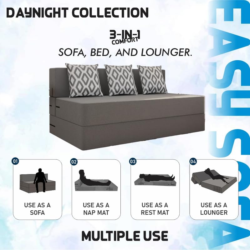 Image of Adorn India Easy 3 Seater Sofa Cum Bed (Rhombus Pattern) Size 5' X 6' Ft (Grey Color) Perfect for Home & Office for Guests (1 Year Warranty)