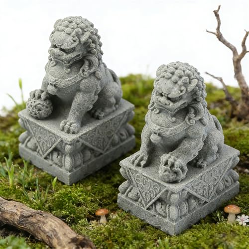 Image of livelyfish Asian Fu Foo Dogs Statues Mini Pair of Two Guardian Lion Sandstone Figurine Pets Fish Tank Aquarium Landscape Ornaments Accessories Feng Shui Decorations (M2)