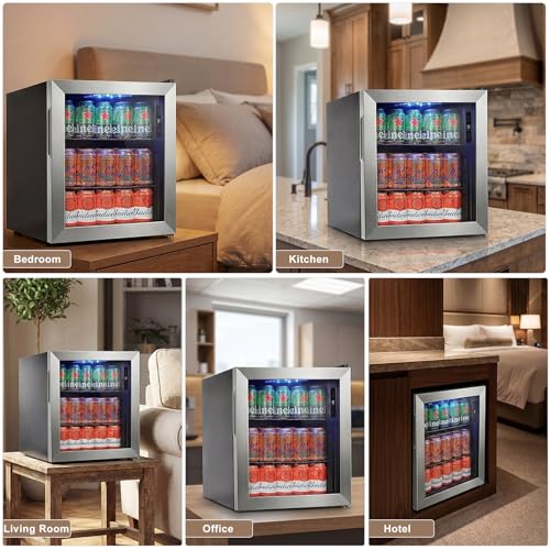 Image of Mini Fridge 50 Can, Small Beverage Refrigerator with Reversible Glass Door, Countertop Drink Cooler with Temperature Control, Compact Beer Soda Fridge for Office Dorm Kitchen, Stainless Steel