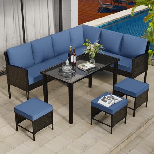 HLNPTN 7-Piece Patio Furniture Set, Outdoor Couch with Dining Table & Ottomans, PE Rattan Sofa Set with Cushions for Deck, Yard, Poolside (Blue)
