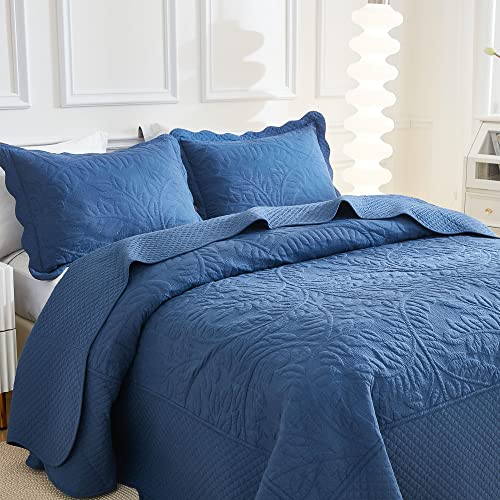 MarCielo 3-Piece 100% Cotton Oversized Bedspread Lightweight Quilt Coverlet Embroidery Farmhouse Bedding Set T0 (Midtone Blue, Oversized Queen (100"x106"))
