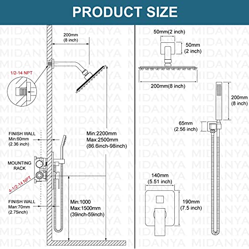 Midanya Brushed Nickel Shower Faucet Set Bathroom Shower System Wall Mount 8 Inch Square Rainfall Shower Head High Pressure Shower Fixture With Handheld Sprayer Rough-In Valve Body And Trim Included #TOP5