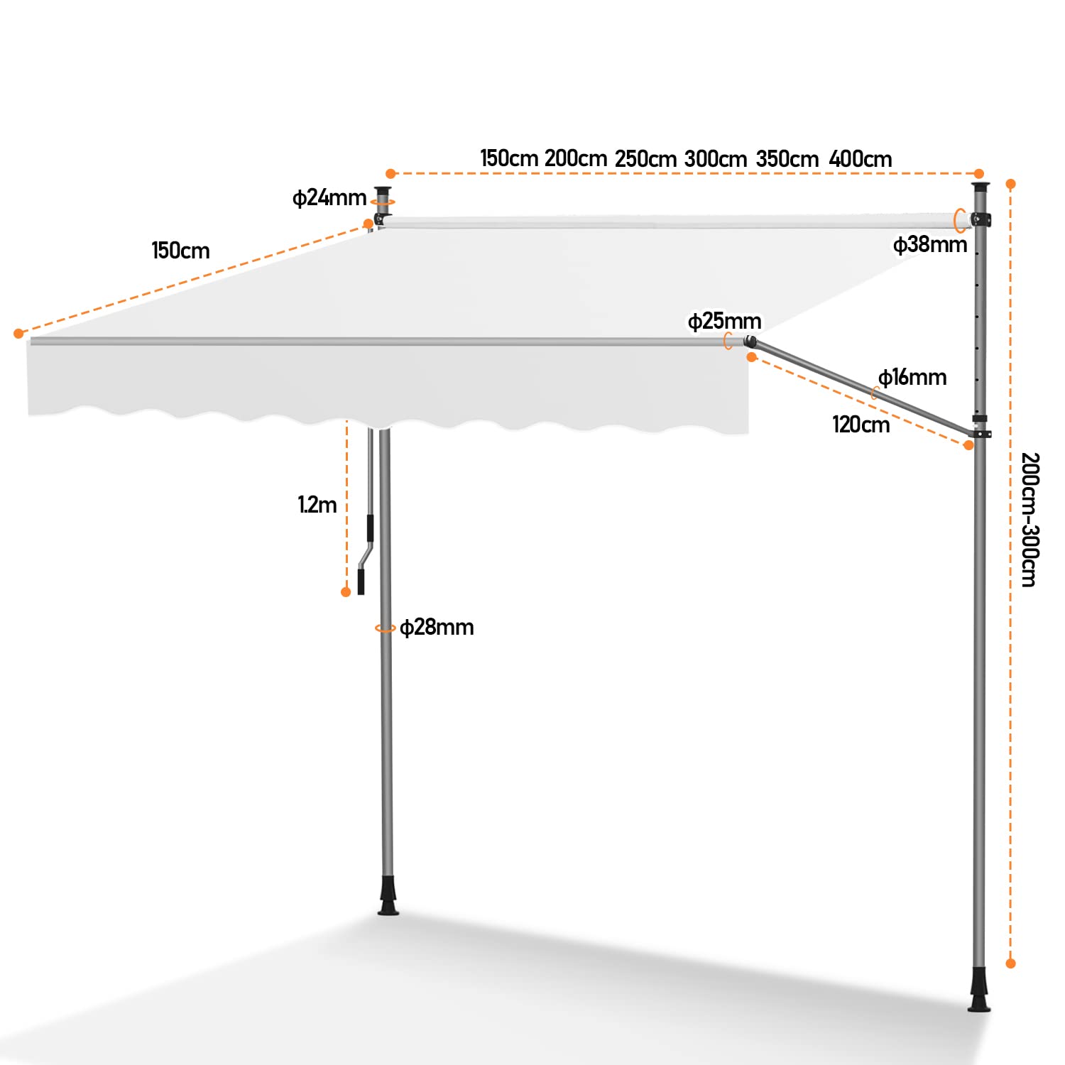 Store de balcon sans perçage, avec manivelle, hauteur réglable, résistant aux UV et imperméable, pour terrasse, balcon, blanc laiteux