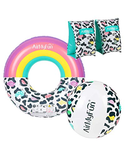 Airmyfun - Manguitos De Natación De 3 A 6 Años + Flotador Hinchable De 120 Cm De Diámetro + Globo Hinchable Ø28 Cm – Para Piscina Y Playa – Pack Para Jóvenes Leopard