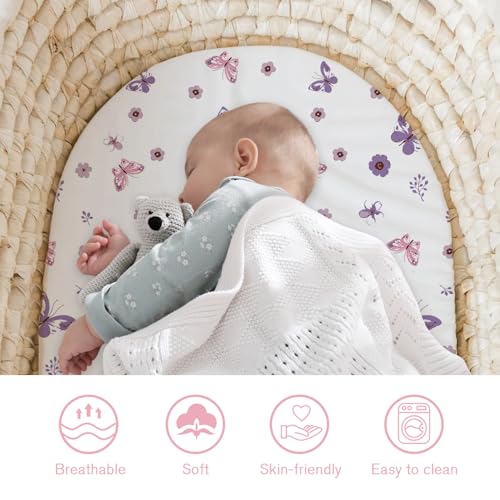 Image of Little Grape Land Bassinet Sheets 4 Pack, 33 inch x 18 inch Fitted Bassinet Sheets Up to 4 inch Deep Pocket, Ultra Soft Baby Bassinet Fitted Sheets for Bassinet Mattress, Butterfly Bloom