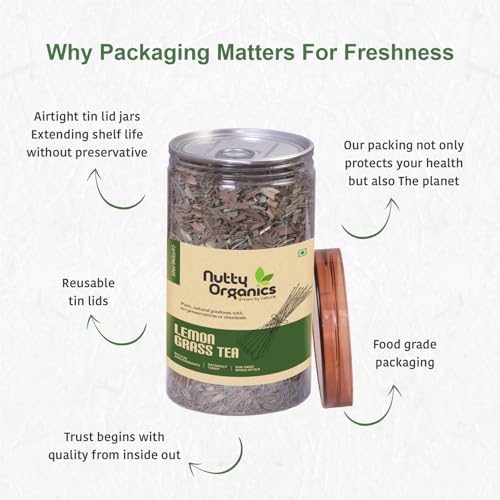 Image of Nutty Organics Lemongrass Tea | 100% Natural Herbal Tea for Detox & Digestion | Caffeine-Free | 100g (50 Cups)