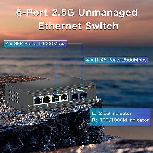 Image of 2.5G Unmanaged Ethernet Switch with 4 x 2.5G Base-T Ports and 2 x 10G SFP+ Uplink Ports, Compatible with 100 /1000 /2500Mbps, Fanlesss Design, Plug & Play, Metal 2.5Gb Network Switch