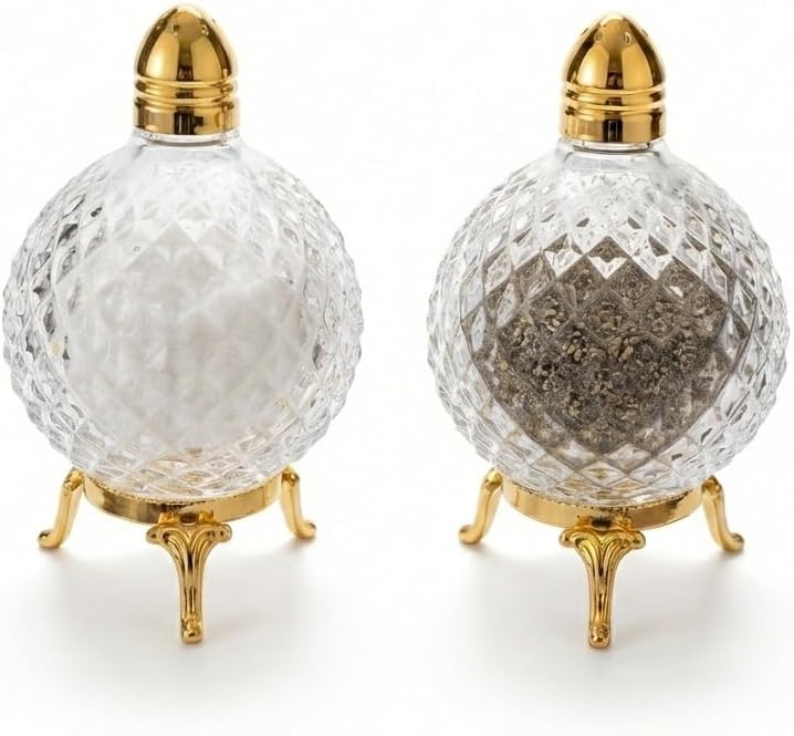 Crystal Glass Salt and Pepper Shakers with Gold Metal Stand and Lid, Diamond Cut Design, 4.33 Inches Height, 2 Piece Set