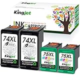 Kingjet Remanufactured Ink Cartridge 74 75 Replacement for HP 74 75 XL Used in PhotoSmart C4280 C5280 C4480 C4250 C5550 C4400 C4580 DeskJet D4360 OfficeJet J5780 Printer, 4 Pack (2 Black & 2 Color)