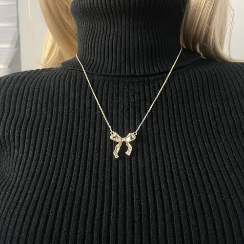 Bow Necklace for Women 14K Gold Plated Bowknot Dainty Bow Pendant Chain Necklace Fashion Jewelry Gifts