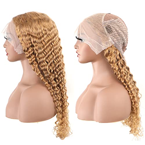 Bly Light Brown Colored 10A Human Hair Blonde Wig Lace Front For Women 13X4 Hd Transparent Pre Plucked Deep Wave Curly Glueless Wigs 180% Density #27 Color 18 Inch #TOP4
