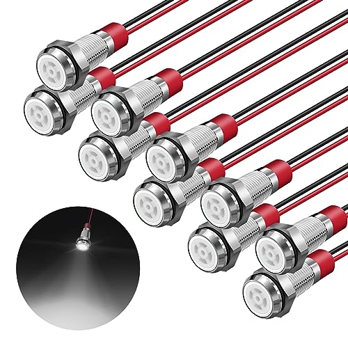 FICOLPO 10 Pcs LED Metal Waterproof Indicator Light, 12-24V 5/16'' Mounting Hole Pre-Wired Pilot Signal Light for Car, Trucks, Boats, Marine, Dash, Industrial Electricity (White, 8mm)