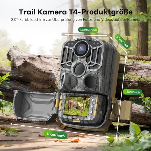 DEATTI Wildkamera mit Handyübertragung APP, 4K 48MP HD WLAN Bluetooth Wildkamera mit Bewegungsmelder Nachtsicht, 120 °Weitwinkel Wildtierkamera, IP66 Wasserdicht, 32GB SD Karte und 8*AA-Batterien